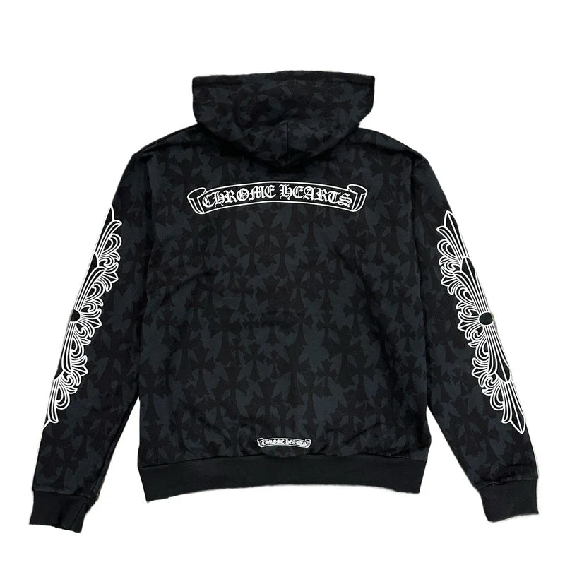authentic chrome hearts cemetery cross all over print logo zip up hoodie - premium designer jewelry front view