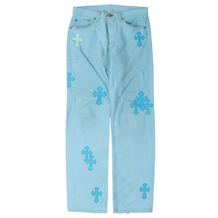 authentic chrome hearts cross patch drake jeans - premium designer jewelry front view