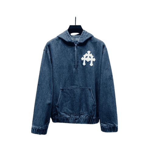 authentic chrome hearts denim hoodie - premium designer jewelry front view