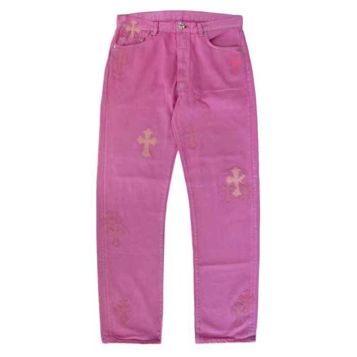 authentic chrome hearts denim pink jeans - premium designer jewelry front view