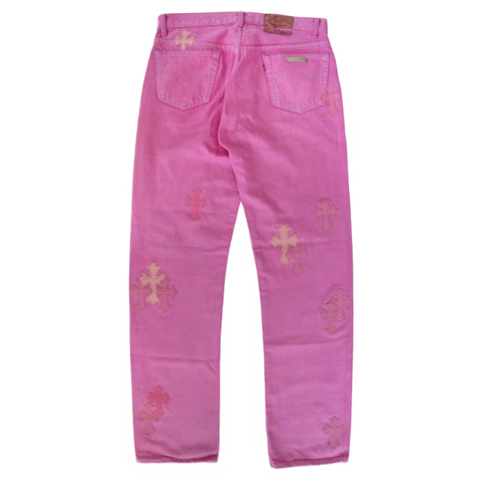 authentic chrome hearts denim pink jeans - premium designer jewelry front view