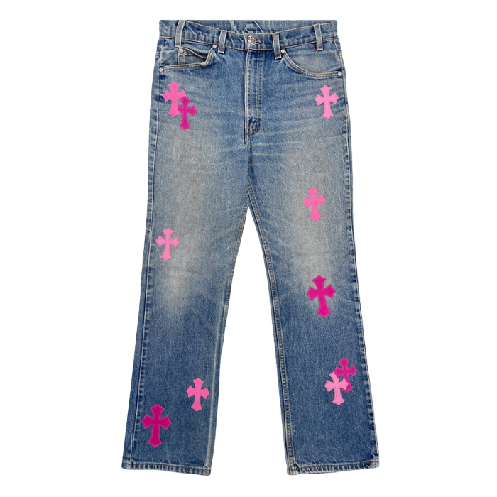 authentic chrome hearts denim pink women’s jeans - premium designer jewelry front view