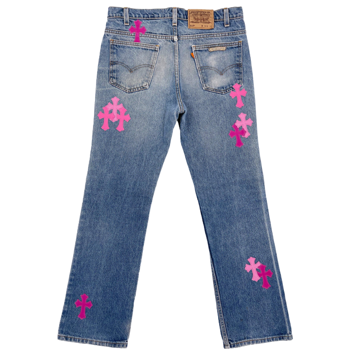 authentic chrome hearts denim pink women’s jeans - premium designer jewelry front view