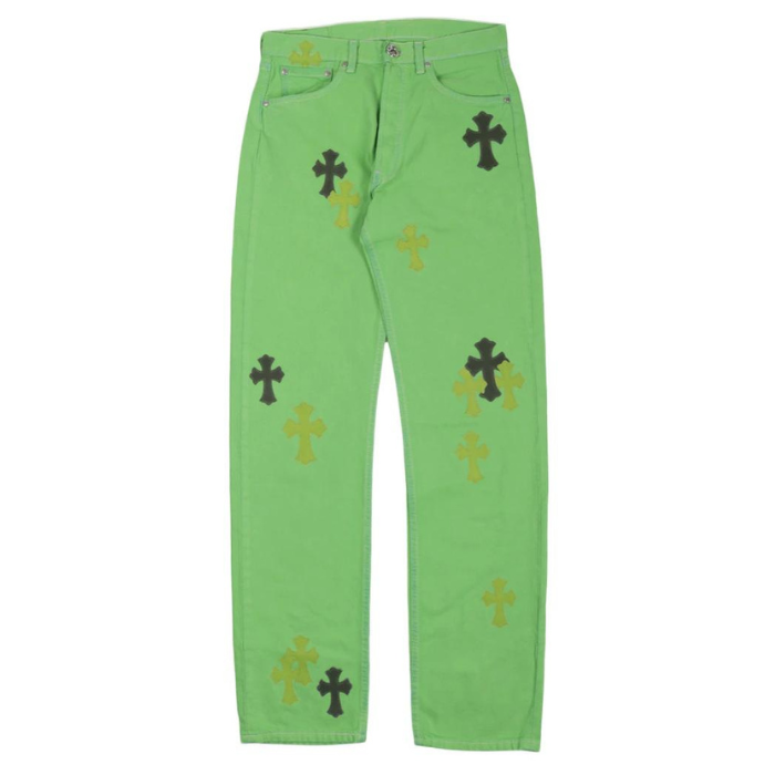 authentic chrome hearts denim slime green jeans - premium designer jewelry front view