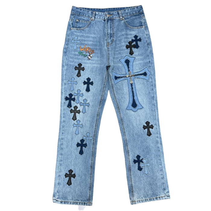 authentic chrome hearts denim words jeans - premium designer jewelry front view