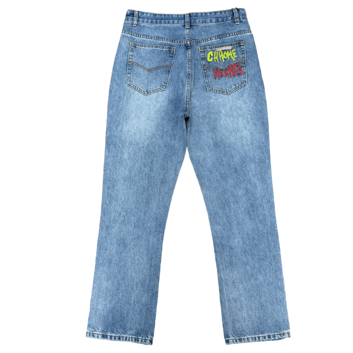 authentic chrome hearts denim words jeans - premium designer jewelry front view