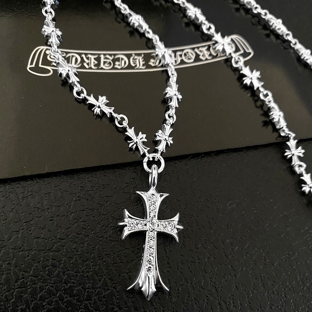 authentic chrome hearts diamond cross pendant necklace — cross link chain - premium designer jewelry front view