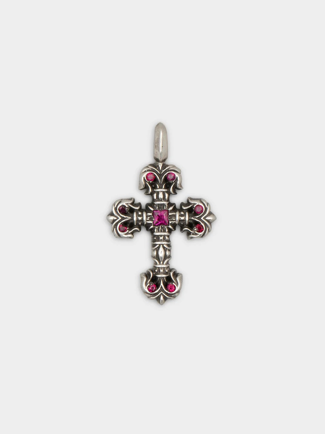 authentic chrome hearts filigree cross pendant with rubies - premium designer jewelry front view