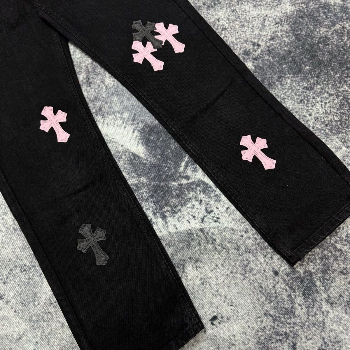 authentic chrome hearts fleur knee leather cross patch pants - premium designer jewelry front view