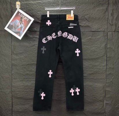 authentic chrome hearts fleur knee leather cross patch pants - premium designer jewelry front view