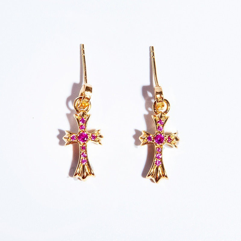 authentic chrome hearts gold ruby cross drop earrings - premium designer jewelry front view