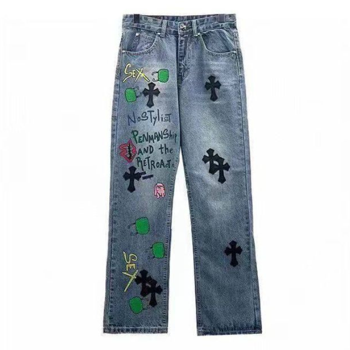 authentic chrome hearts graffiti red lips jeans - premium designer jewelry front view