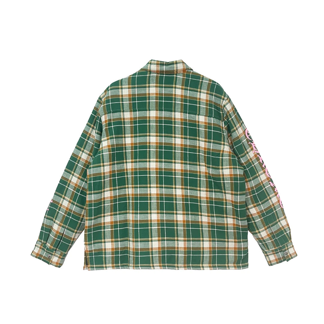 authentic chrome hearts green flannel shirt with pink sleeve logo - premium designer jewelry front view