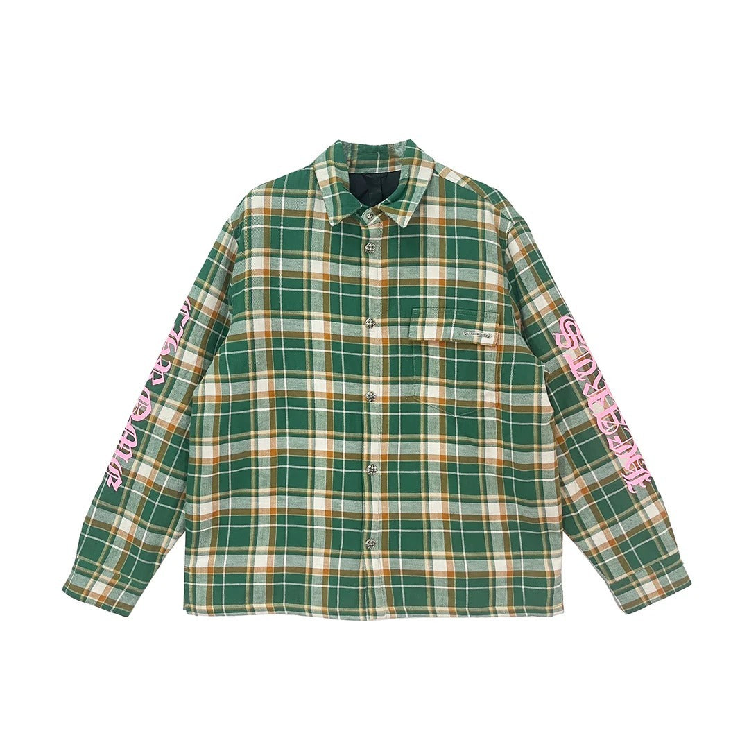 authentic chrome hearts green flannel shirt with pink sleeve logo - premium designer jewelry front view