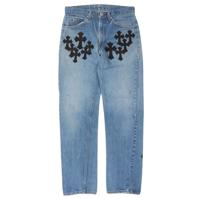 authentic chrome hearts levi’s cross patch jeans  blue - premium designer jewelry front view