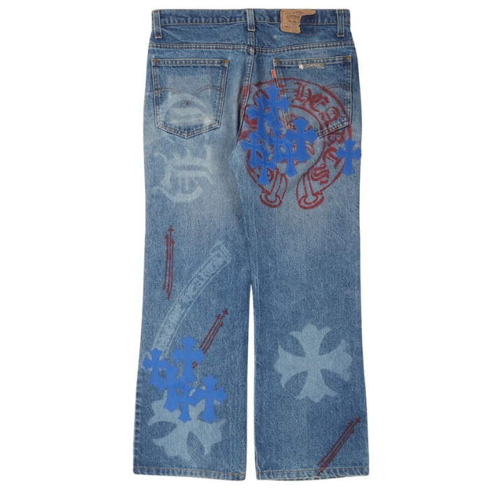 authentic chrome hearts levi’s stencil cross patch jeans - premium designer jewelry front view