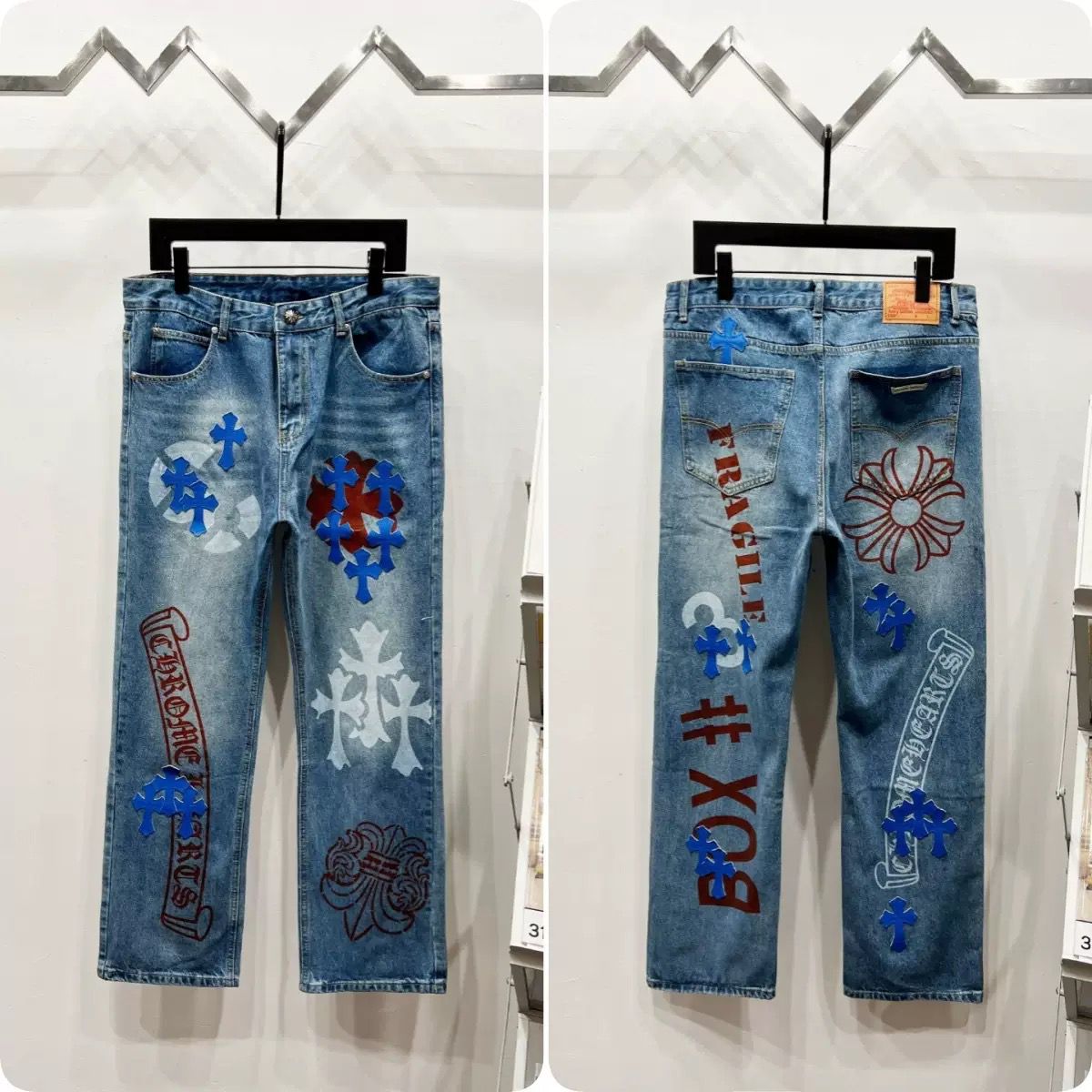 authentic chrome hearts levi’s stencil cross patch jeans - premium designer jewelry front view