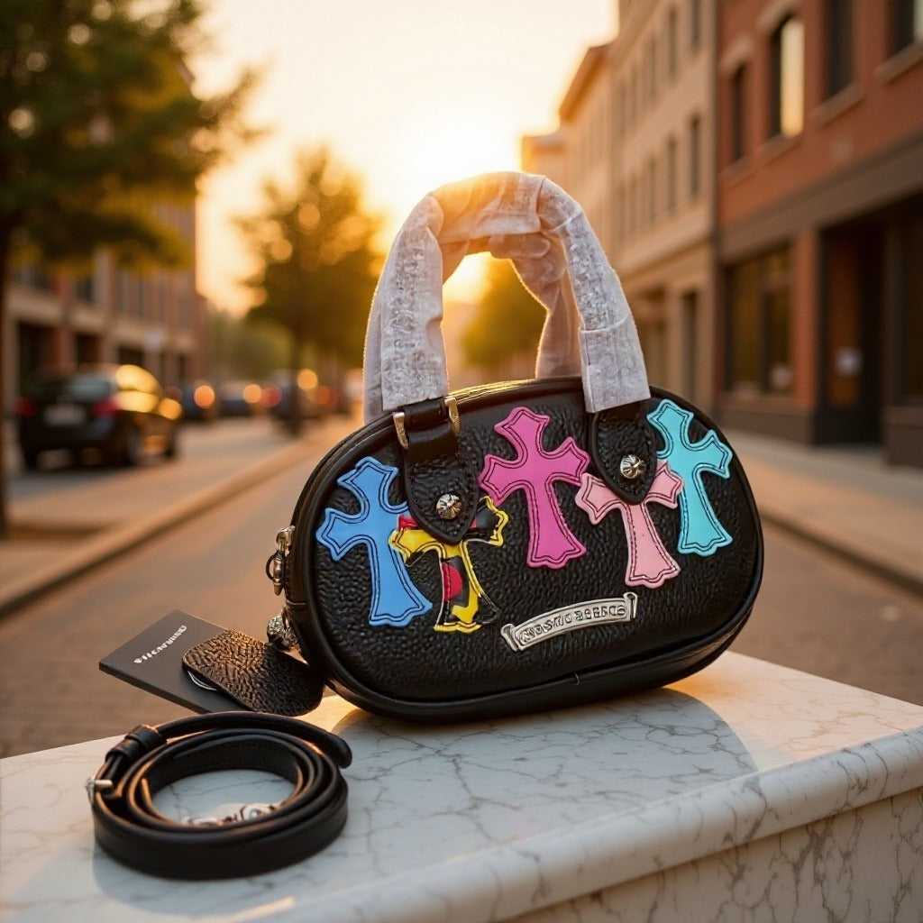 authentic chrome hearts multicolor cross patch handbag - premium designer jewelry front view