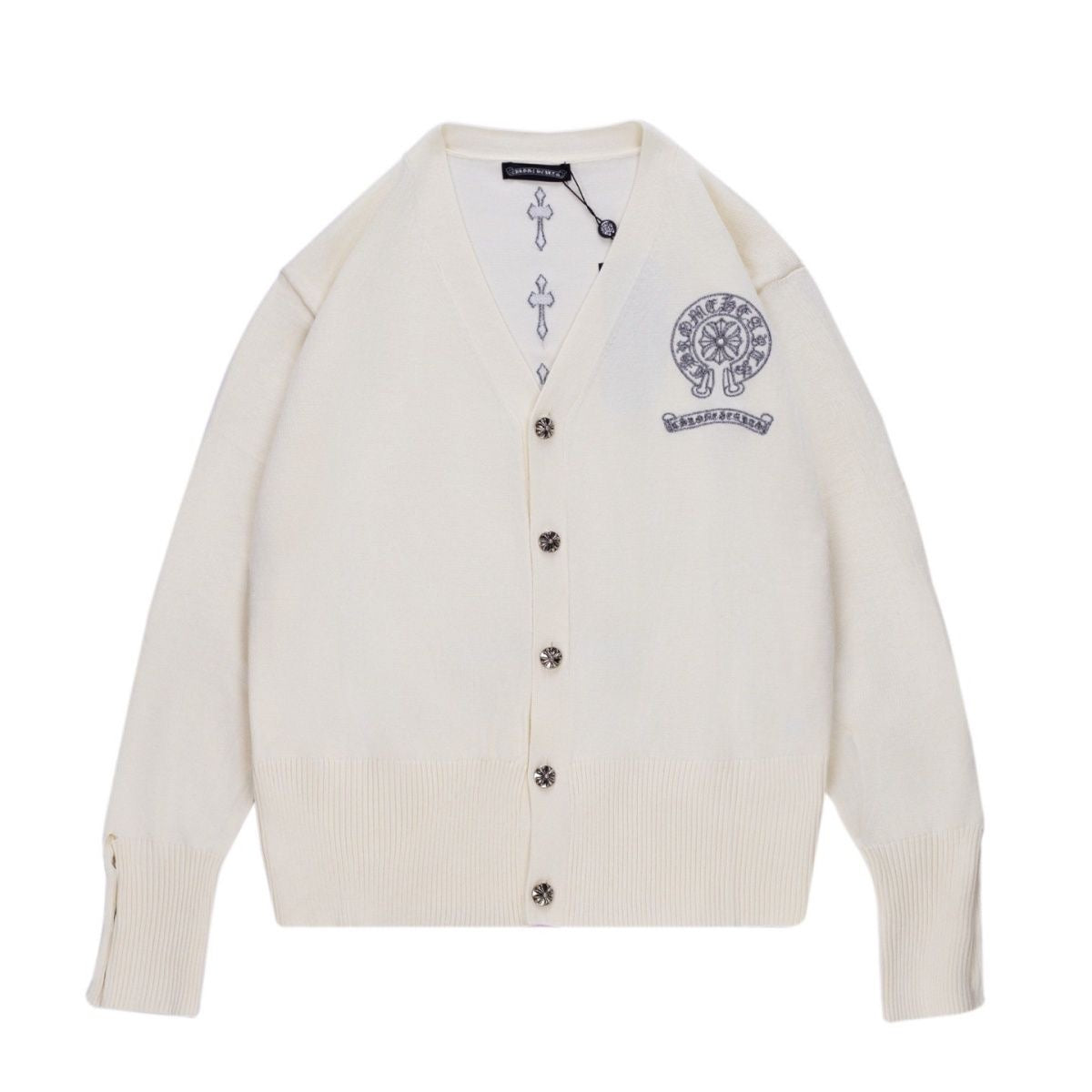 authentic chrome hearts multiple cross logo cardigan beige - premium designer jewelry front view