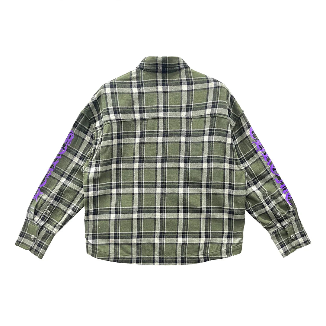 authentic chrome hearts olive green plaid flannel with purple sleeve logo - premium designer jewelry front view