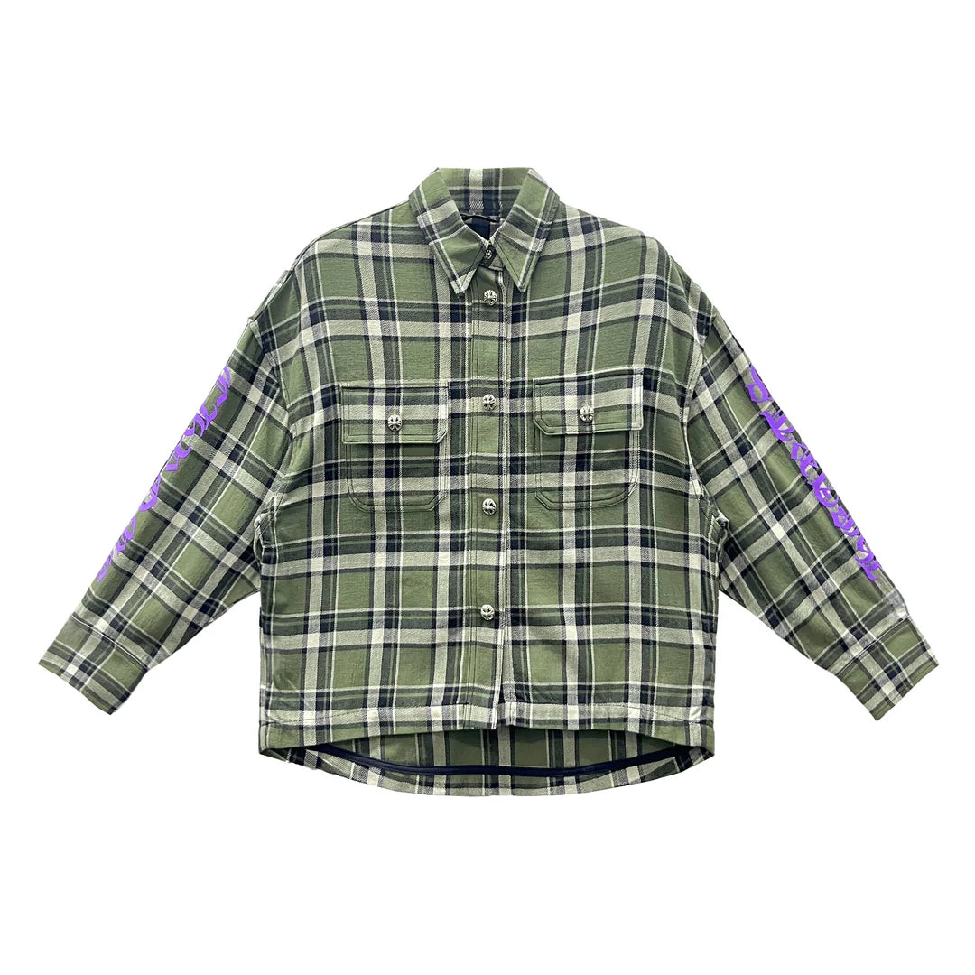 authentic chrome hearts olive green plaid flannel with purple sleeve logo - premium designer jewelry front view