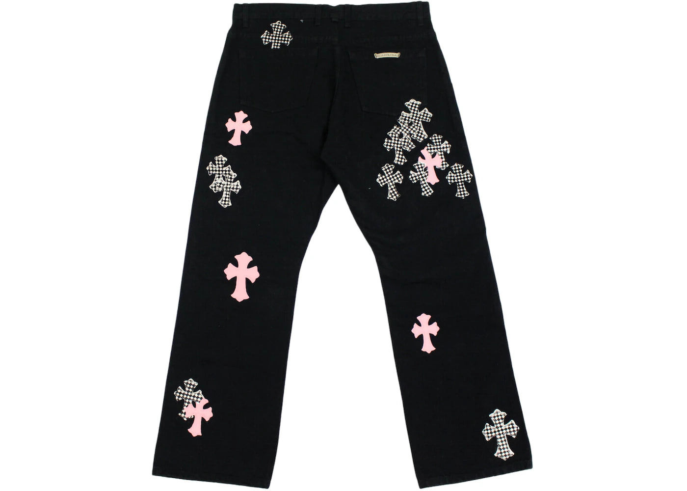 authentic chrome hearts pink & checkered cross patch fleurknee jeans - premium designer jewelry front view