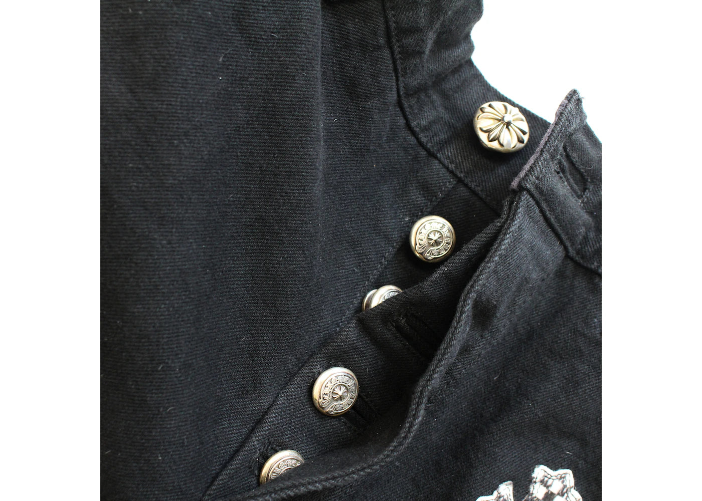 authentic chrome hearts pink & checkered cross patch fleurknee jeans - premium designer jewelry front view
