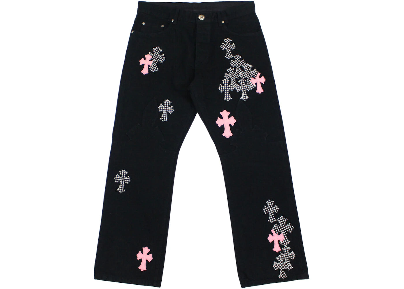authentic chrome hearts pink & checkered cross patch fleurknee jeans - premium designer jewelry front view