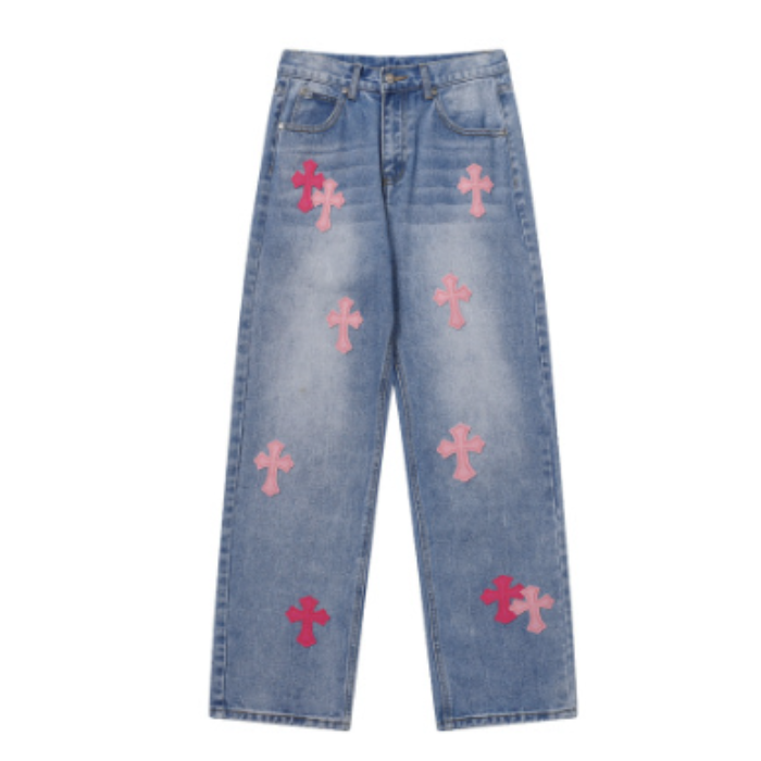 authentic chrome hearts pink cross logo jeans - premium designer jewelry front view