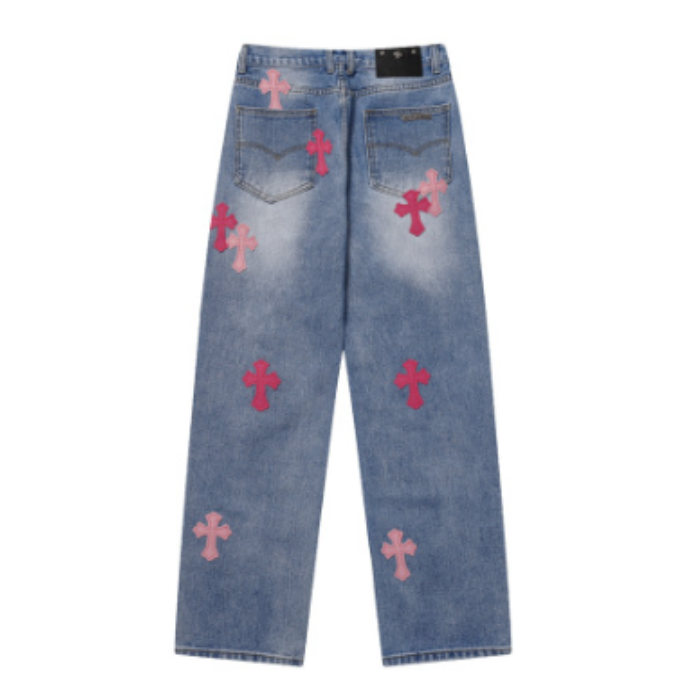 authentic chrome hearts pink cross logo jeans - premium designer jewelry front view