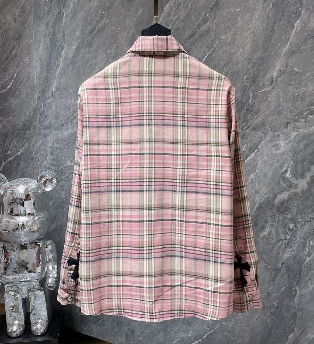 authentic chrome hearts pink plaid casual t shirt - premium designer jewelry front view