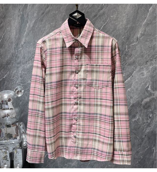 authentic chrome hearts pink plaid casual t shirt - premium designer jewelry front view
