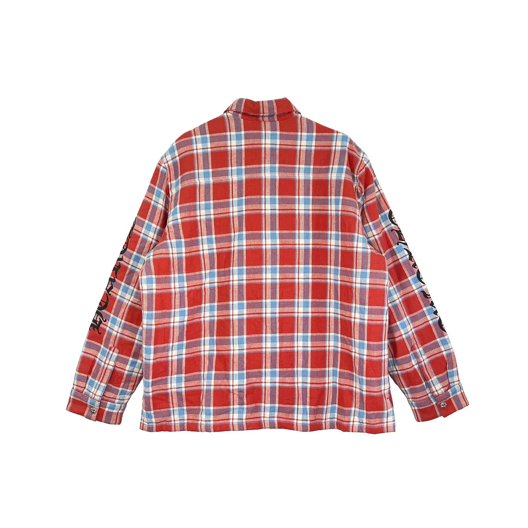 authentic chrome hearts red light blue plaid flannel with black sleeve logo - premium designer jewelry front view