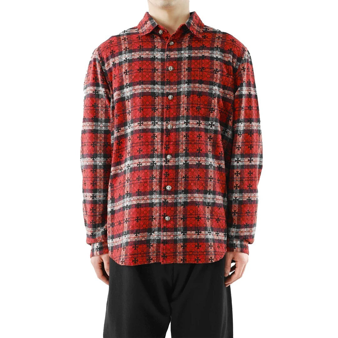 authentic chrome hearts red plaid flannel shirt - premium designer jewelry front view