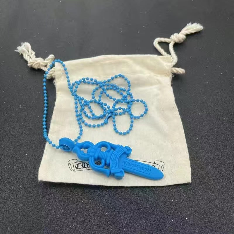 authentic chrome hearts rubber dagger necklace blue - premium designer jewelry front view