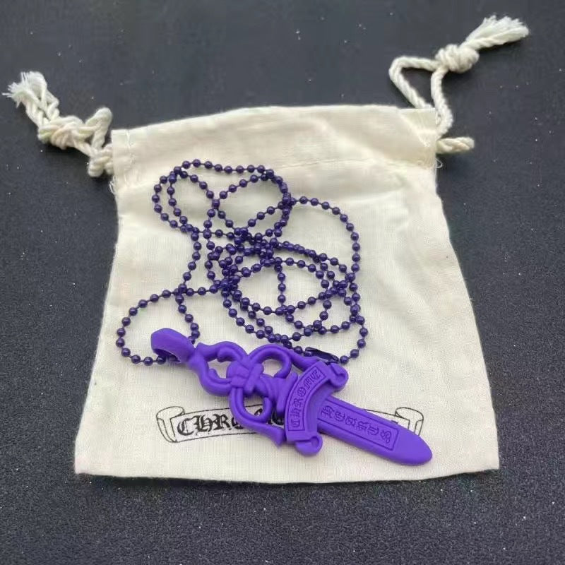 authentic chrome hearts rubber dagger necklace purple - premium designer jewelry front view