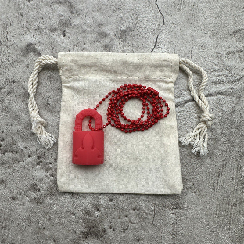 authentic chrome hearts silichrome padlock pendant necklace red - premium designer jewelry front view