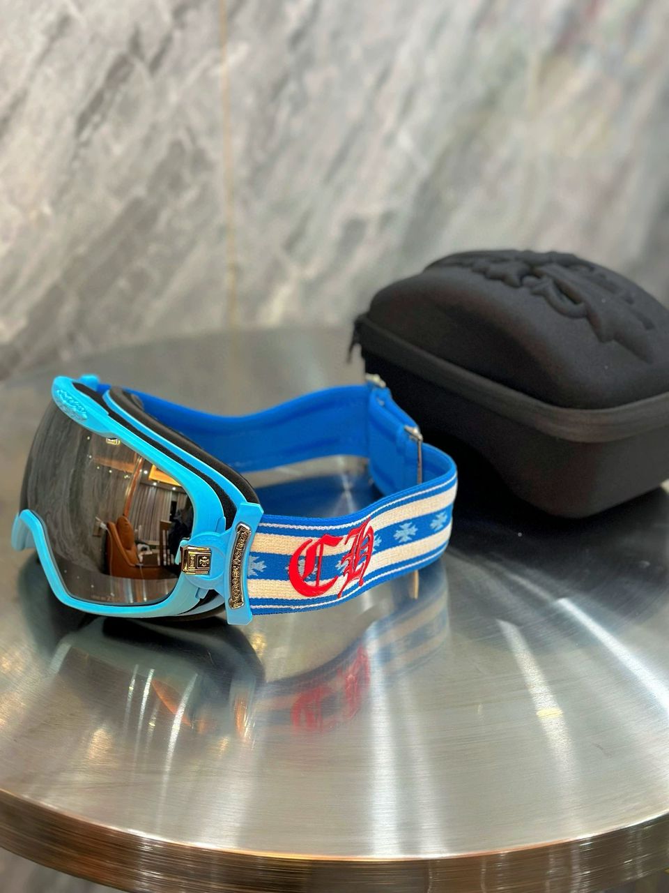 authentic chrome hearts snow goggles royal blue - premium designer jewelry front view