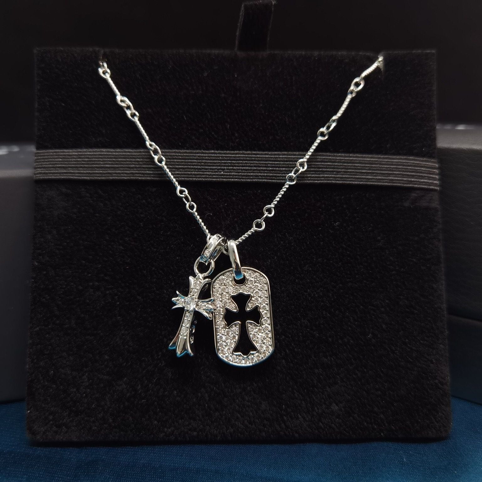 authentic chrome hearts sterling silver pavé diamond dog tag pendant necklace - premium designer jewelry front view