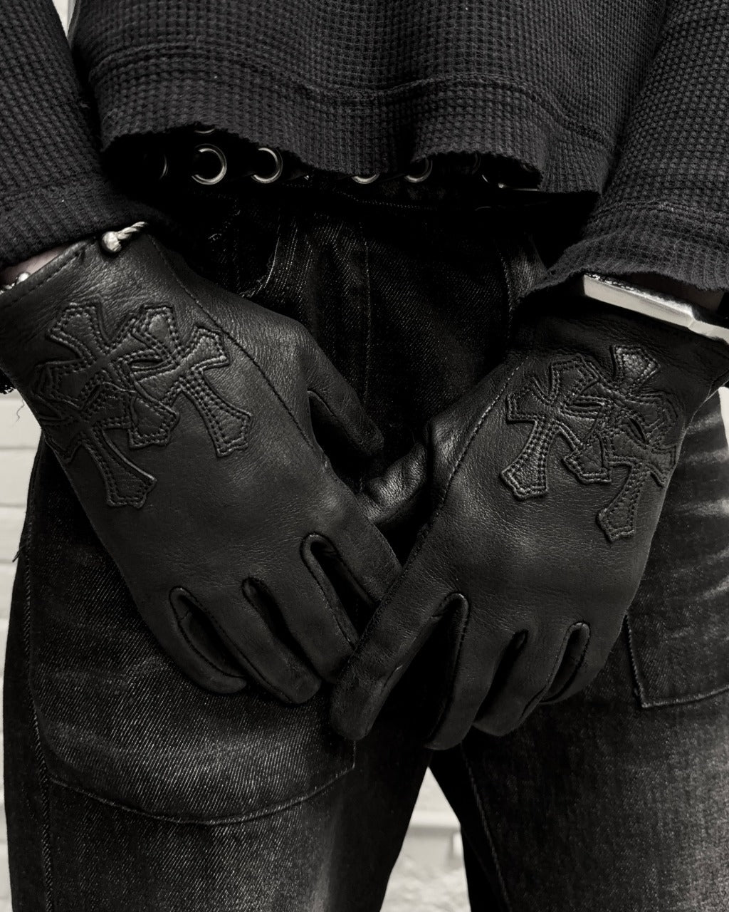 authentic chrome hearts triple cross leather gloves - premium designer jewelry front view