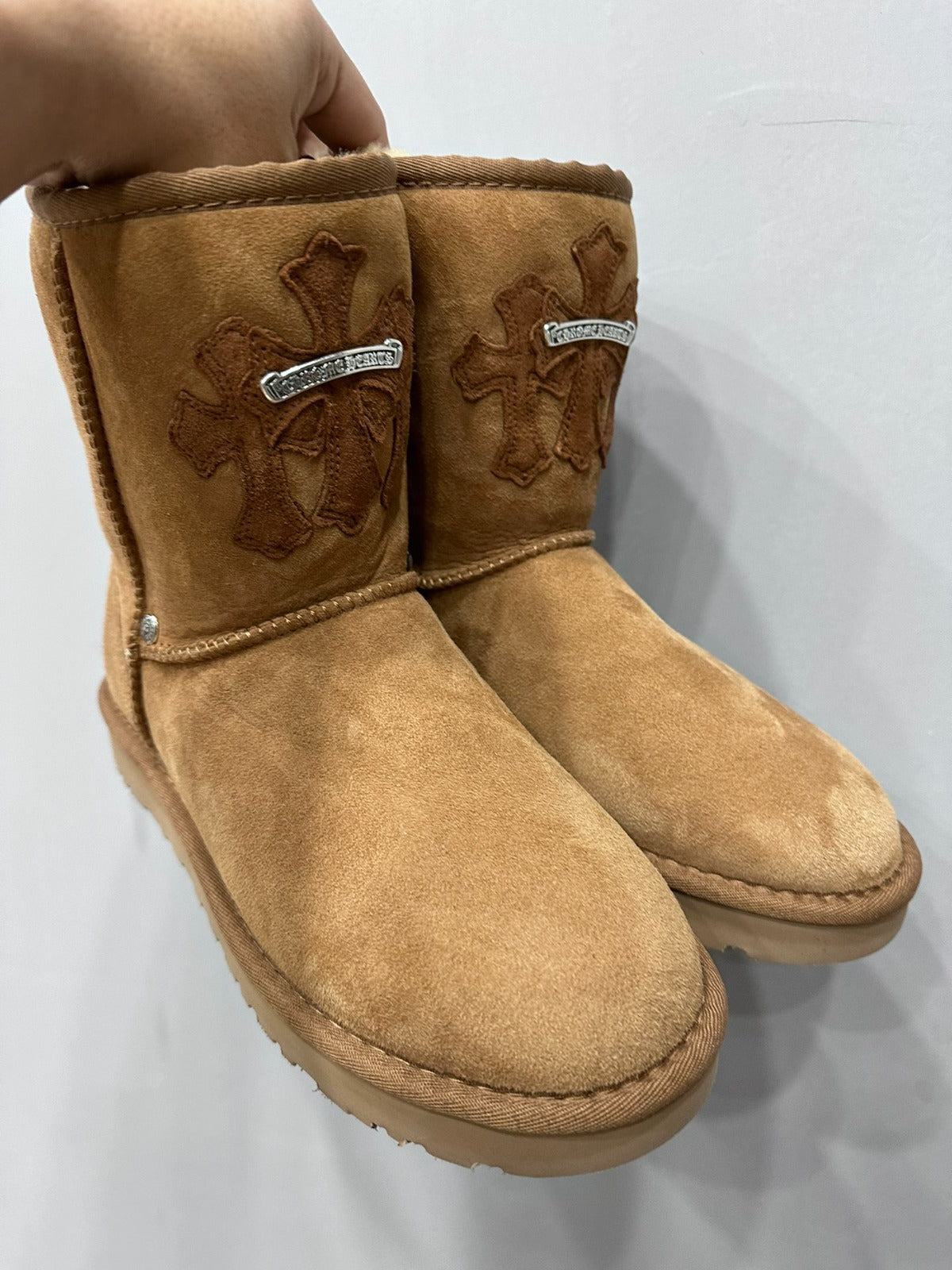 authentic chrome hearts uggs brown boots - premium designer jewelry front view
