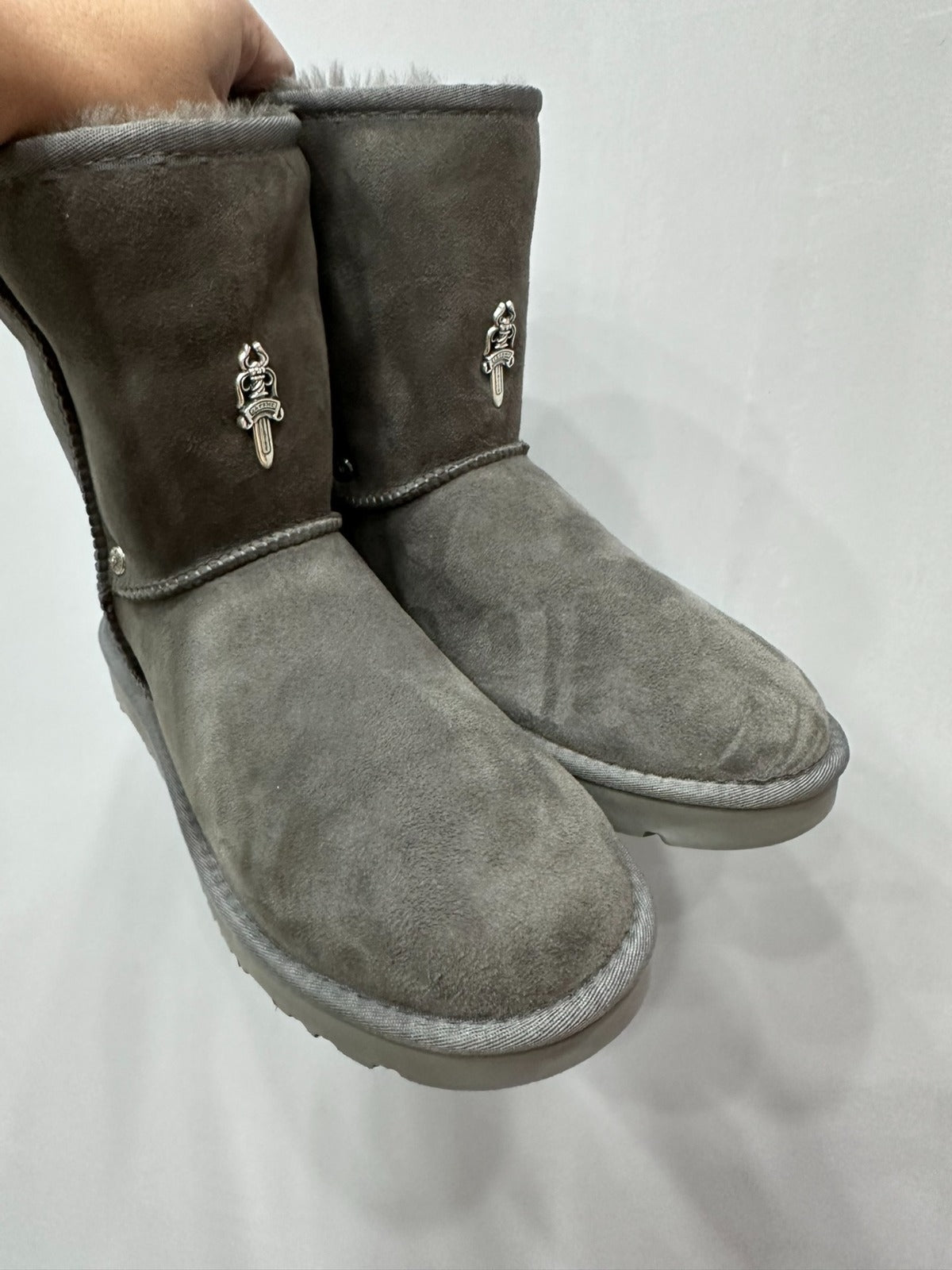 authentic chrome hearts uggs greenish gray cross boots - premium designer jewelry front view