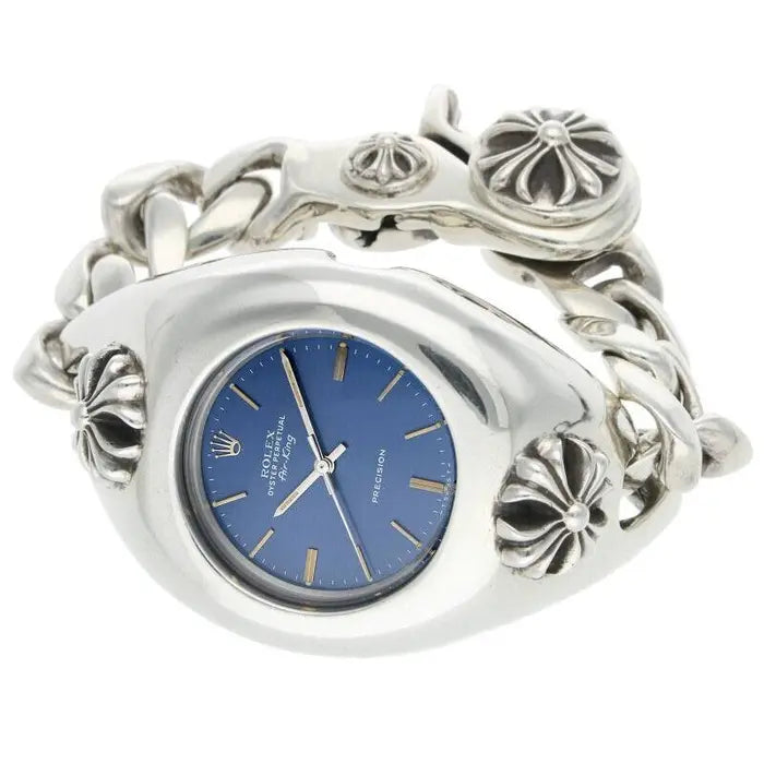 authentic chrome hearts x rolex air king blue dial watch - premium designer jewelry front view