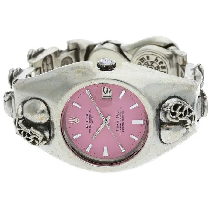 authentic chrome hearts x rolex oyster perpetual date watch - premium designer jewelry front view