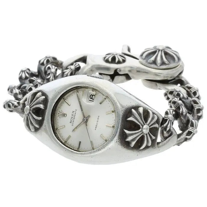 authentic chrome hearts x rolex oysterdate wristwatch - premium designer jewelry front view