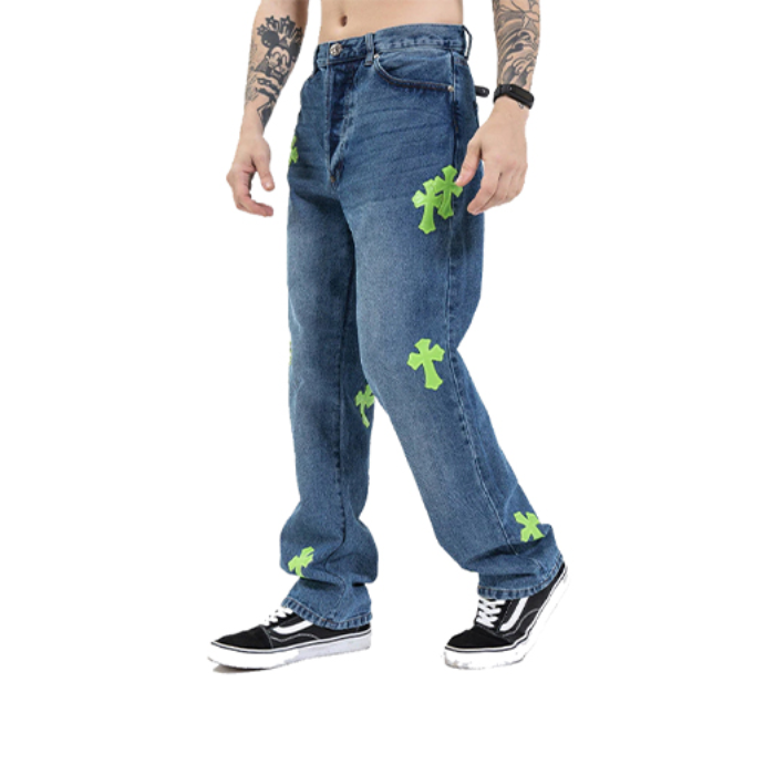 authentic firmranch applique cross chrome hearts pants - premium designer jewelry front view