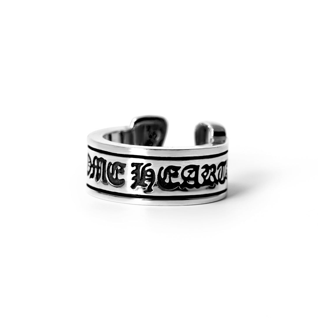 authentic scroll label ring - premium designer jewelry front view