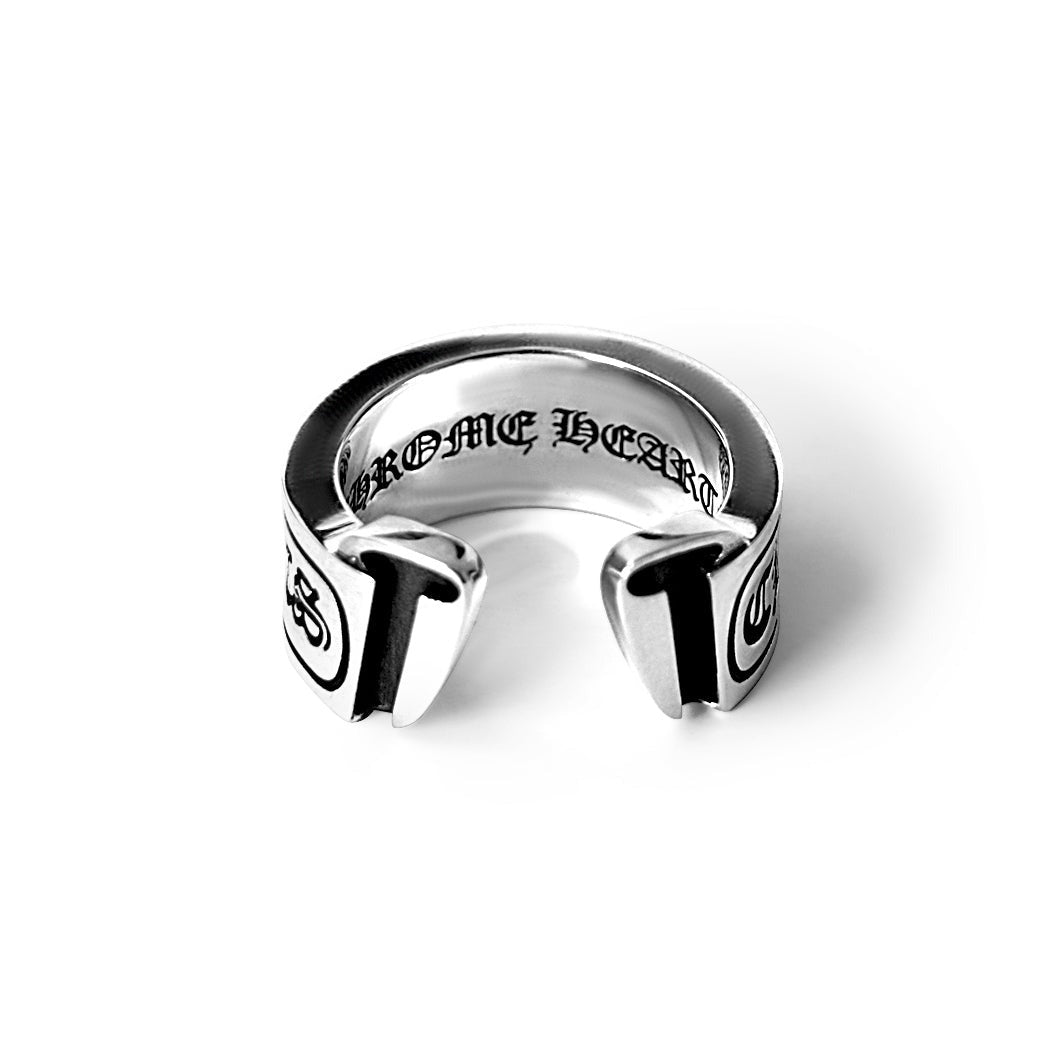 authentic scroll label ring - premium designer jewelry front view