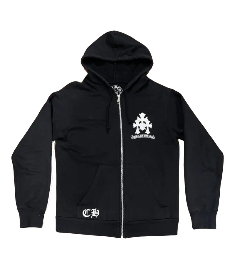 authentic chrome hearts triple cross logo zip up hoodie - premium designer jewelry front view
